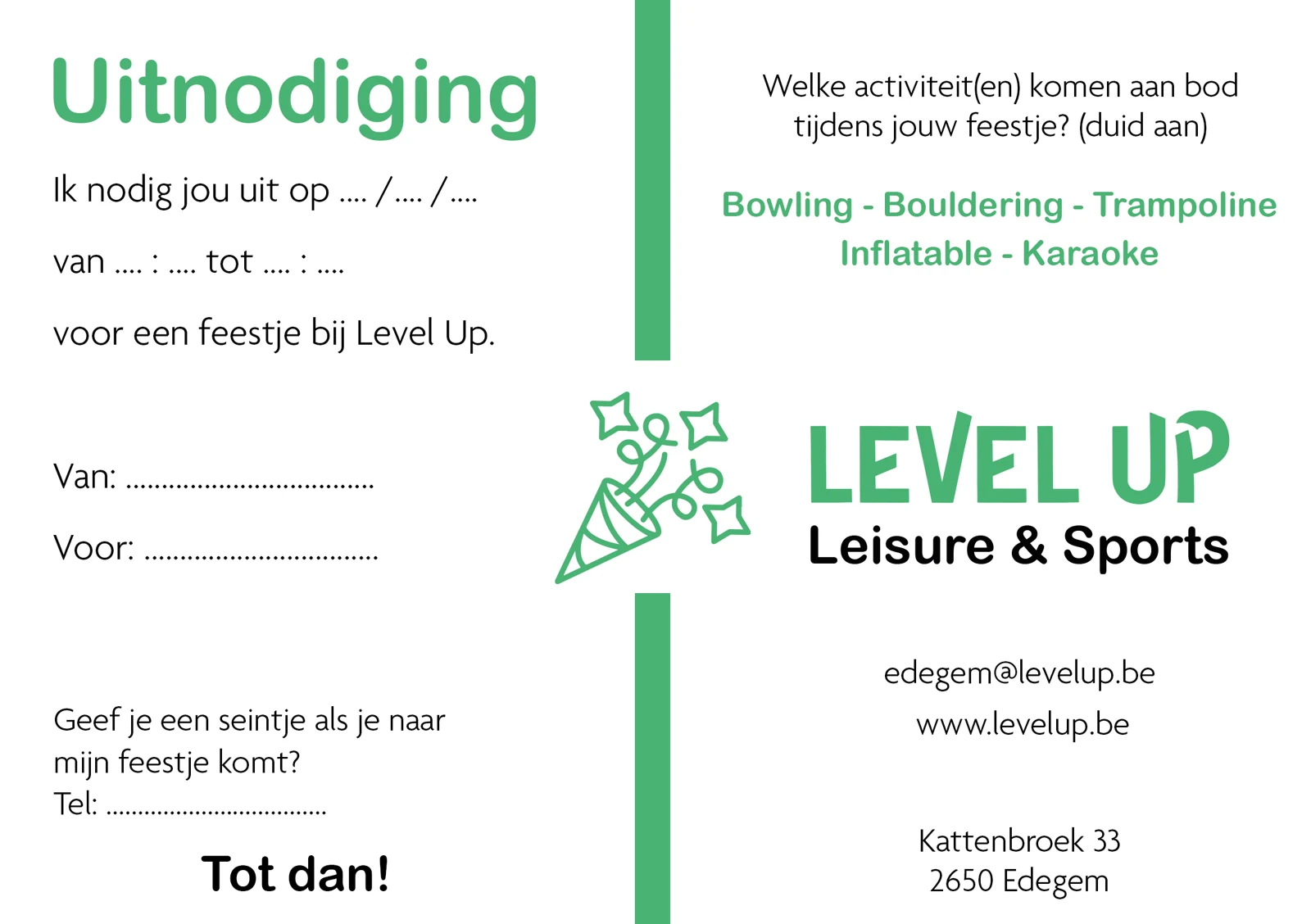 Een uitnodiging voor een verjaardagsfeestje bij Level Up